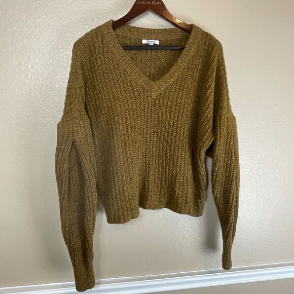 Madewell Chunky Camel Sz M Wool Blend Knit Sweater Puff Sleeve Boxy Crop Top H2 - Picture 4 of 12